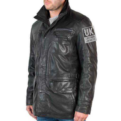 Men's Hip Length Leather Jacket - Marquis - Side