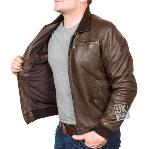 Men's Brown Leather Bomber Jacket - Axis - Lining2