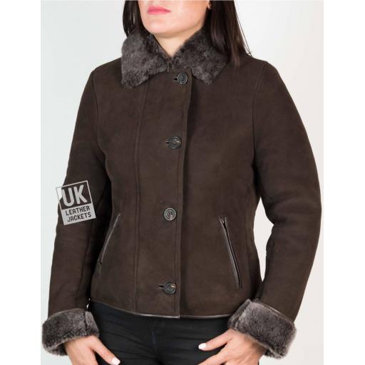 Womens Brown Shearling Sheepskin Jacket - Aspen - Front 2