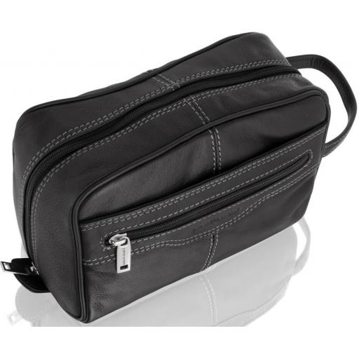 Black Leather Wash Bag by Pierre Cardin - Rhine - Front View Side On