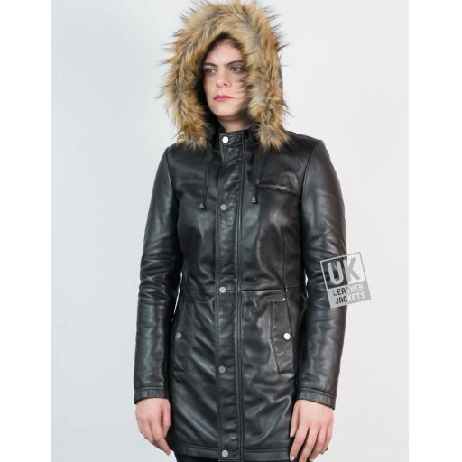 Womens Black Leather Coat - Montana - Detachable Hood - Front with Hood