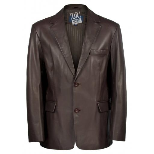 Men's 2 Button Brown Leather Blazer - Single Vent - Cover