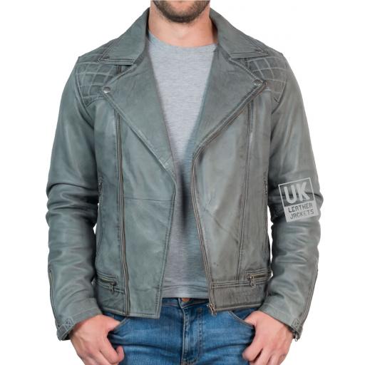Mens Leather Biker Jacket - Hurricane - Vintage Grey - Unzipped