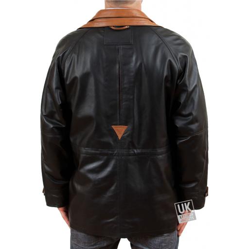Men's Black Contrast Leather Parka Coat - Huxley - Rear