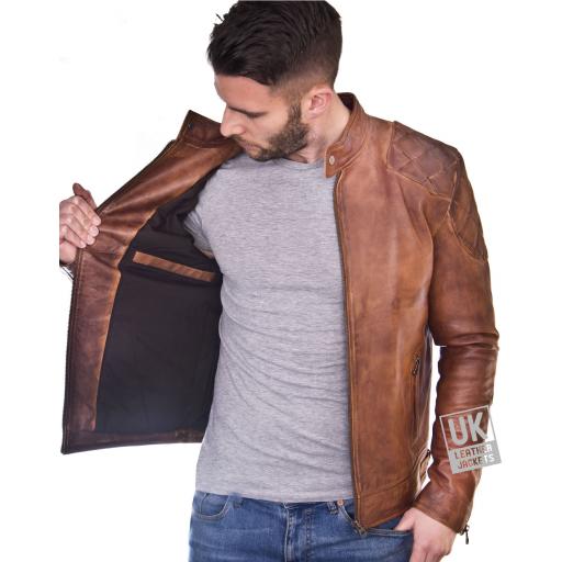 Mens Vintage Tan Leather Jacket - Corado - Lining