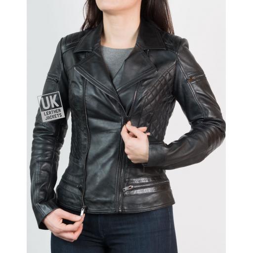 Women's Black Leather Biker Jacket - Bonnaire - Left Zip