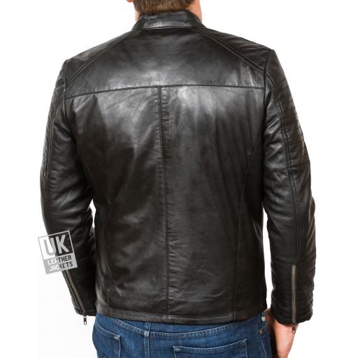 Mens Black Leather Biker Jacket - Theta - Lining