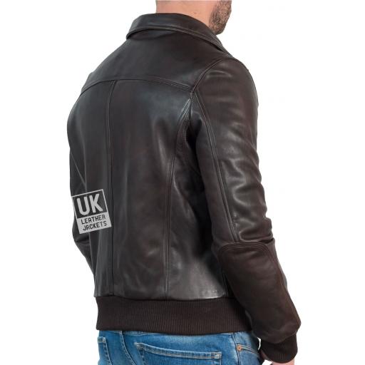 Mens Brown Leather Pilots Jacket - Detach Faux Fleece Collar - Back