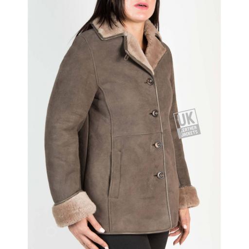 Womens Grey Shearling Sheepskin Jacket - Hip Length - Dana - Revered Collar