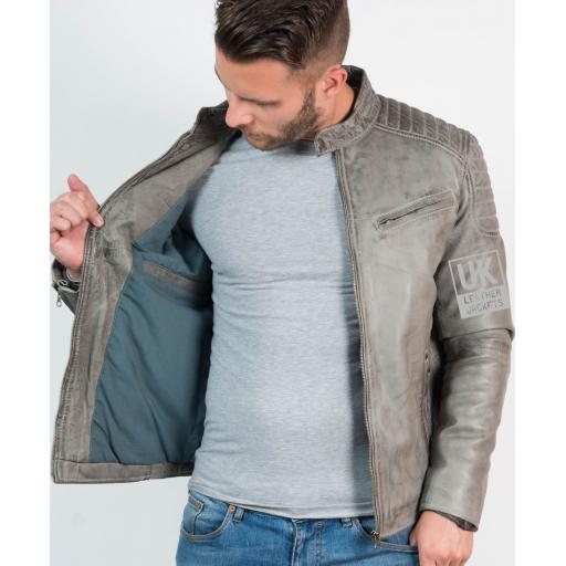 Men’s Leather Biker Jacket - Zurich - Vintage Grey - Lining