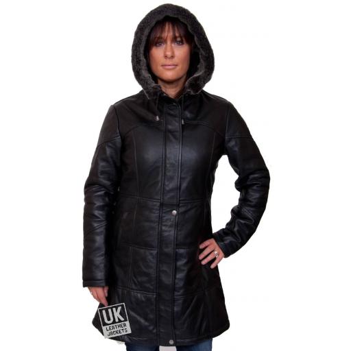 Womens Black Leather Quilted Coat with Hood - Alicia - Hood Up