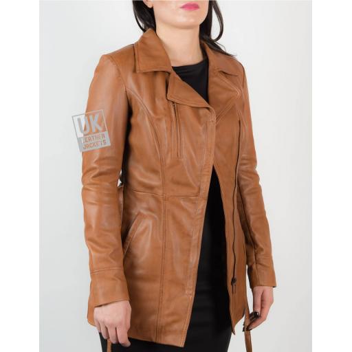 Womens Asymmetric Zip Tan Leather Coat – Hip Length – Eternity - Unzipped