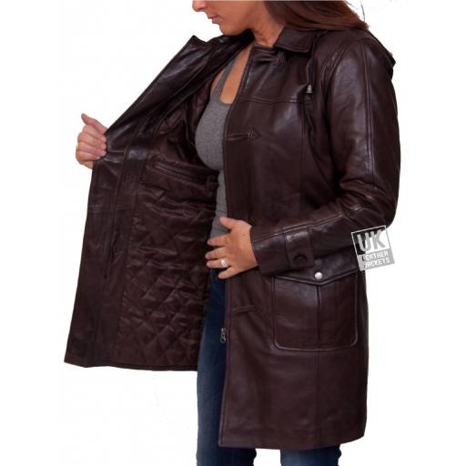 Women's Brown Leather Duffle Coat - Detach Hood - Remy - Detail
