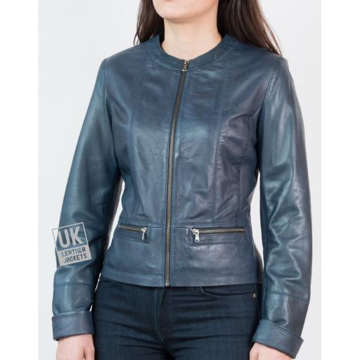 Womens Collarless Leather Jacket in Blue - Kilder - Front