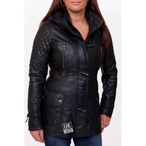 Ladies black cheap leather coat