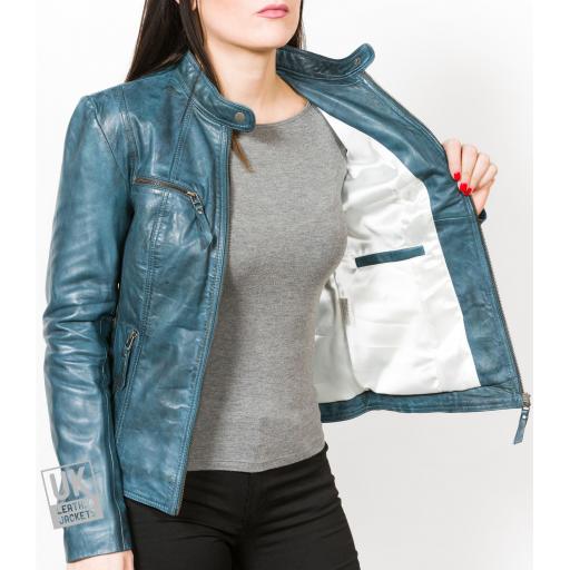 Women's Petrol Blue Leather Jacket - Leone - Lining with Inside Pocket