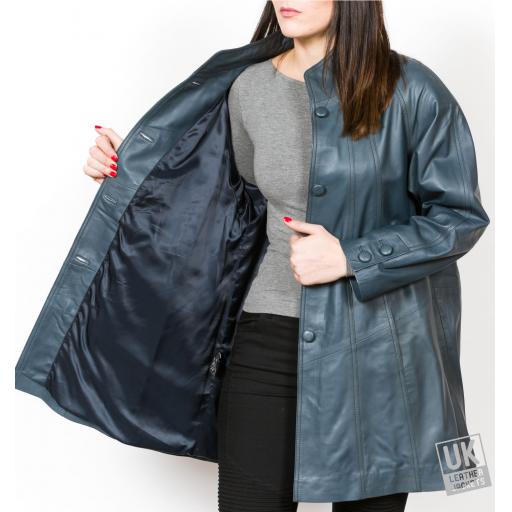 Women's Blue Leather Swing Coat - Plus Size - Delia - Lining