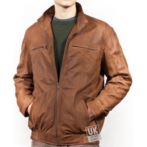 Men's Tan Buff Leather Jacket - Strathmore - Front