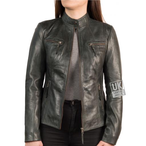 Women's Vintage Grey Leather Jacket - Leone - Front Unzipped