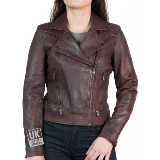 Womens Cross Zip Vintage Burgundy Leather Jacket - Destiny - Front 2