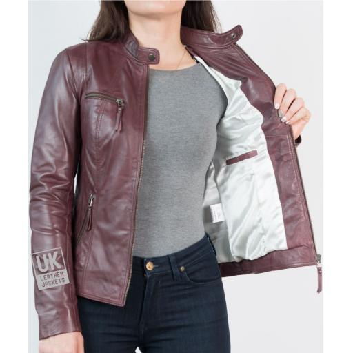 Women's Burgundy  Leather Jacket - Leone - Lining