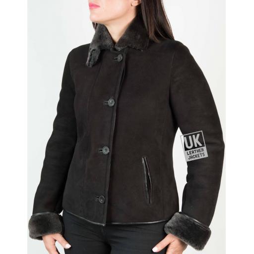 Womens Black Shearling Sheepskin Jacket - Aspen - Front