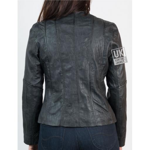 Ladies Black Classic Zip Leather Jacket - Crushed Finish