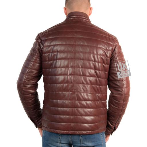 Mens Burgundy Leather Jacket - Ultra Light Quilted - Back