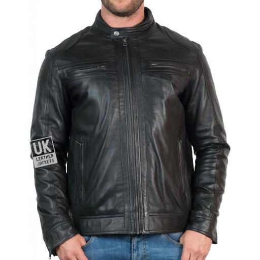 Mens Black Leather Jacket - Ellin - Front