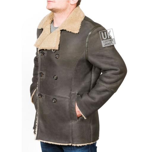 Men’s Black Double Breasted Shearling Sheepskin Jacket - Pea Coat - Side