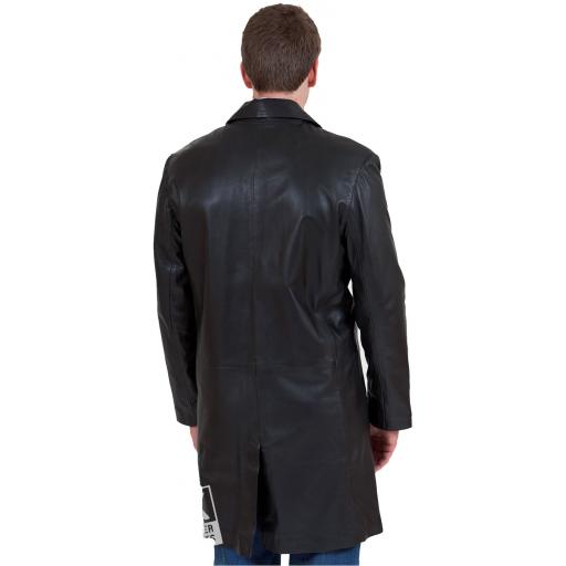 Men's 3/4 Length Black Leather Coat - Plus Size - Henley - Rear