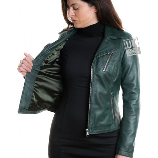 Womens Green Leather Jacket - Mystique - Lining