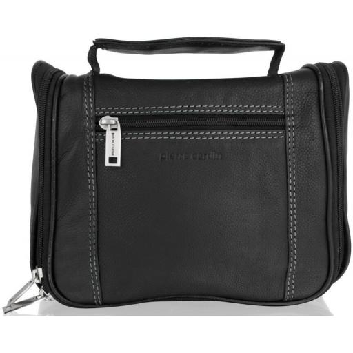 Black Leather Wash Bag by Pierre Cardin - Angara - Front Detailing