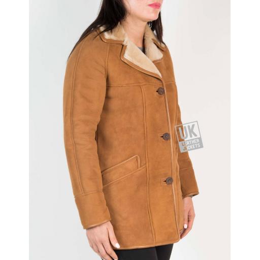 Womens Tan Shearling Sheepskin 3/4 Length Car Coat - Honor - Front