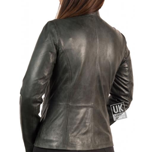 Women's Vintage Grey Leather Jacket - Leone - Back