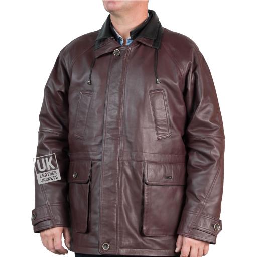 Men's Oxblood Leather Parka Coat - Huxley - Front
