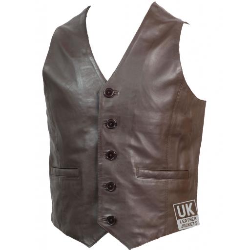 Men's Classic Brown Leather Waistcoat - Longer Length - Front