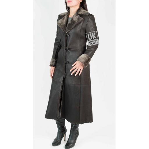Womens Lambskin Full Length Coat - Dark Brown  - Front