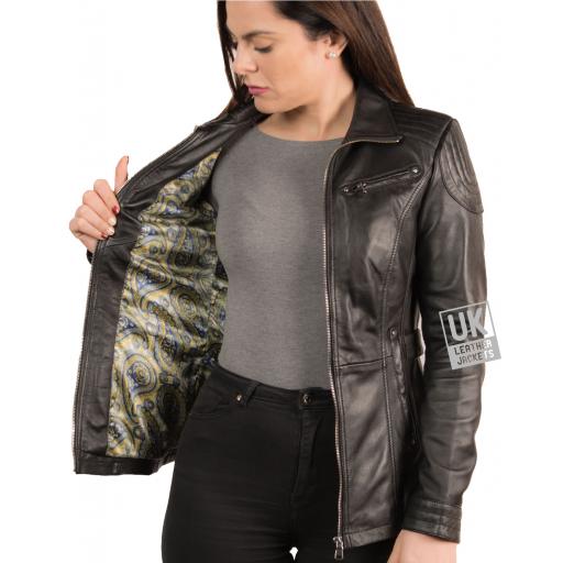 Womens Black Leather Jacket - Vienna - Hip Length - Lining