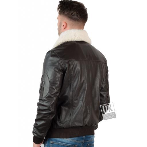 Mens Brown Leather Flying Jacket - Pilot - Detach Wool Fleece Collar - Back with Fleece Collar
