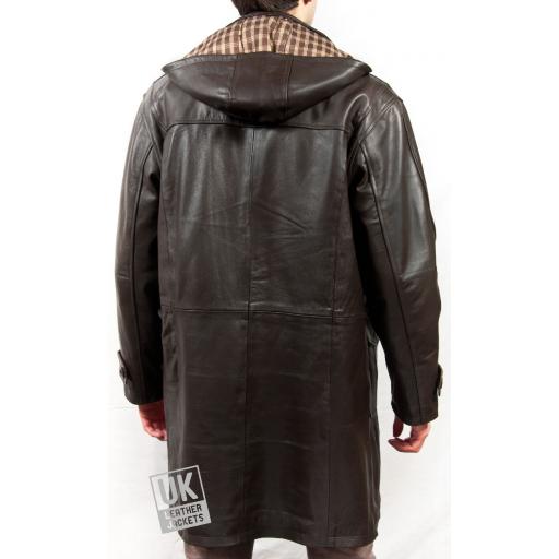Men's Brown Cow Hide Leather Duffle Coat - Detach Hood - Avon - Back