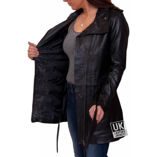 Womens Black Leather Coat - Asymmetric Zip - Lining