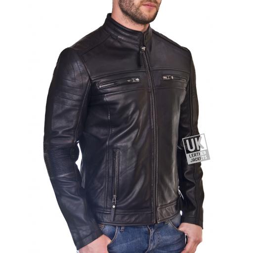 Men's Black Leather Jacket - Titanium - Front Zipped