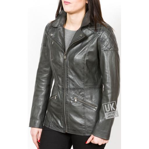 Women's Grey Leather Jacket - Hip Length - Aire - Main