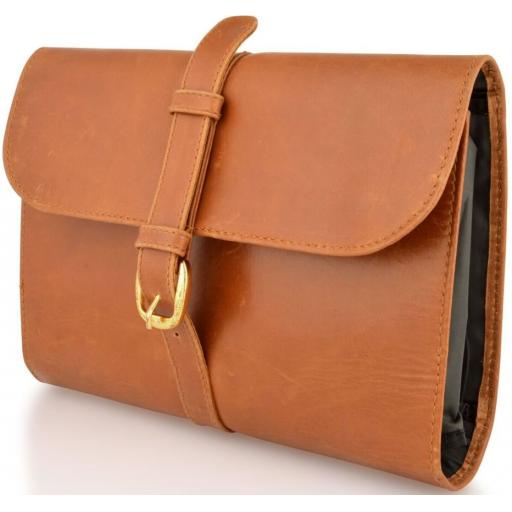 Tan Leather Wash Bag - Sepik - Front View Side On