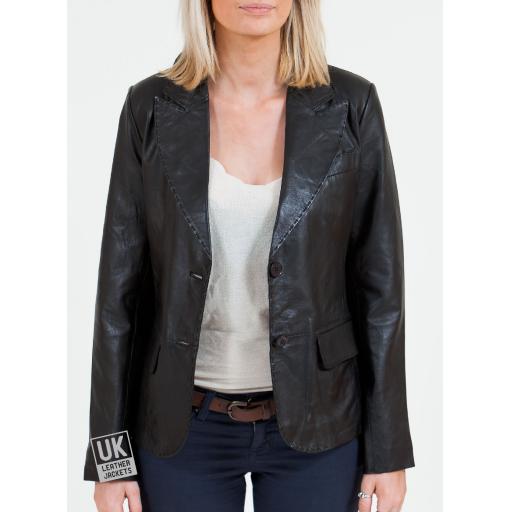 Women's 2 Button Black Leather Blazer - Athena - Unbuttoned