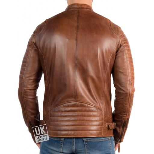 Mens Vintage Tan Leather Biker Jacket - Cruz - Back