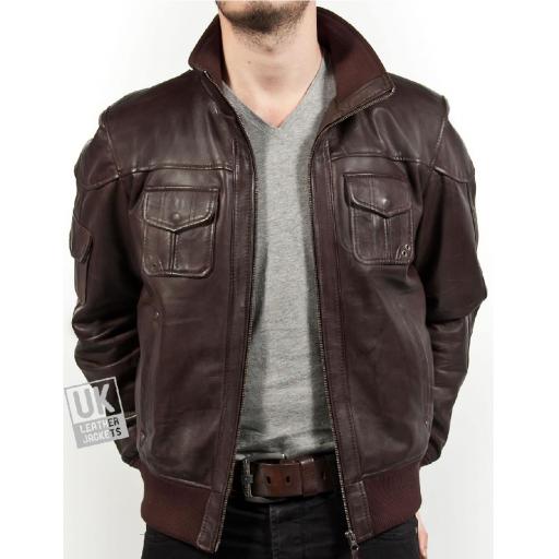 Men's Brown Leather Bomber Jacket - Pacer