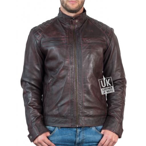 Men's Leather Jacket - Lancer - Vintage Burgundy - Zipped