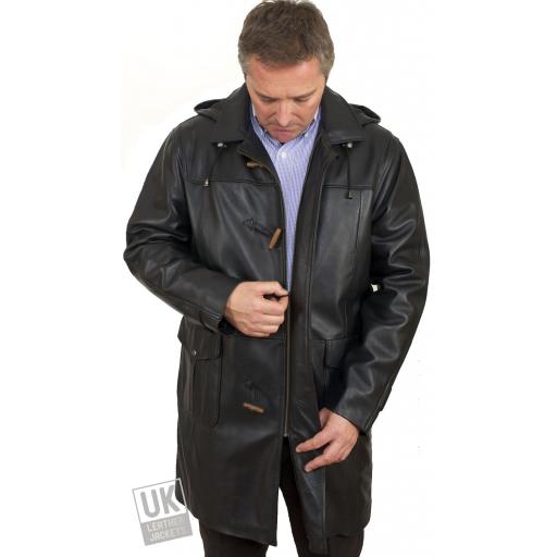 Men's Black Leather Duffle Coat - Detach Hood - Avon - Front 2